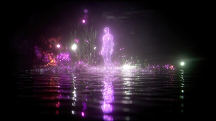 Digital figure walking on water surface at night.