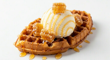 Crispy Waffle Topped with Vanilla Ice Cream and Honey