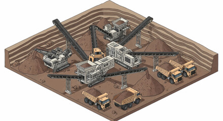 Industrial quarry operation with heavy machinery, showing gravel processing and transportation.