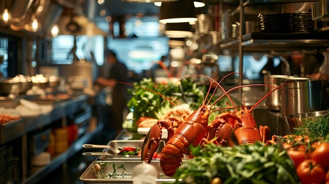 A restaurant kitchen with live lobsters on a prep table, surrounded by fresh vegetables and herbs.