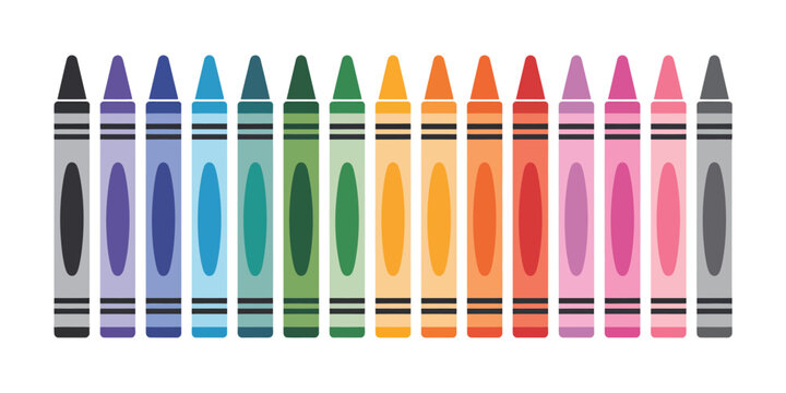 School supply crayon set isolated on white background including black, blue, turquoise, teal, green, yellow, orange, red, pink, purple, brown, and gray crayons