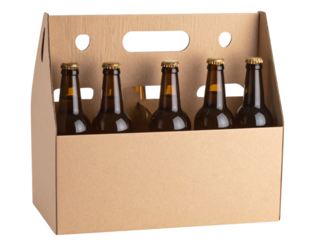Paperboard six-pack bottle carrier with blank branding area, isolated on a transparent background