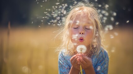 Young girl blowing dandelion seeds in a field.