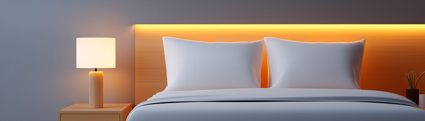 Modern minimalist bedroom with warm ambient lighting and cozy bed pillow lamp light