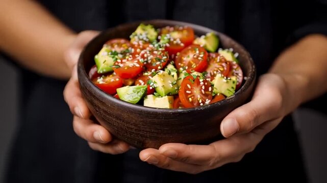 Hands holding a bowl of salad, showcasing eating & vegan lifestyle, cherry tomatoes & avocado for nutritious meal prep, for promoting wellness & plant-based diet salad with sesame seeds & herbs, ideal
