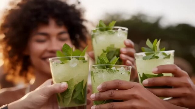A group of diverse friends toasting with mojito cocktails, celebrating togetherness & summer joy, enjoying refreshing drinks at a party concepts of friendship, leisure, & celebration niche terms: