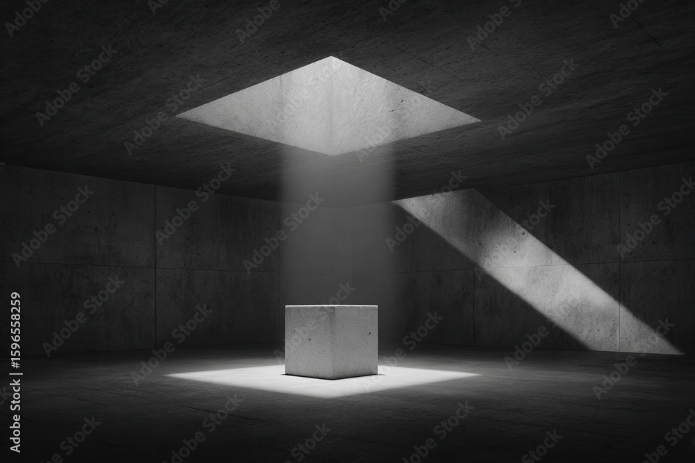 Poster a geometric space features a concrete cube illuminated by a skylight, evoking themes of minimalism a