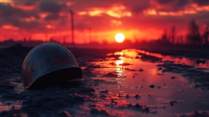 Wartime sunset, soldier's helmet in mud
