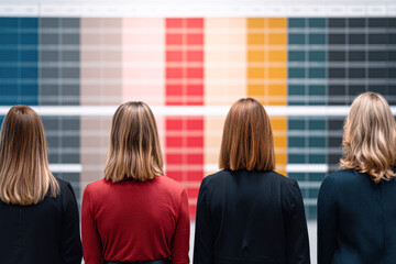 Four women stand with their backs facing the camera, looking at a multicolored wall with vertical stripes in shades of blue, red, orange, and gray.