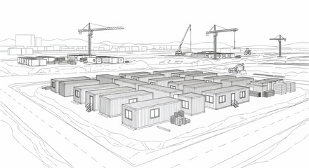 Fototapeta premium Construction site showcasing numerous shipping containers being assembled into a temporary housing complex.