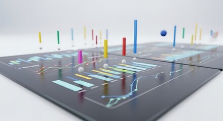 Abstract data visualization with colorful 3D bars and lines on a digital interface.