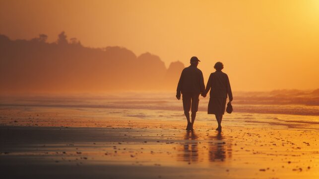 Elderly couple holding hands, walking on a beach at sunset, serene, romantic, warm glow