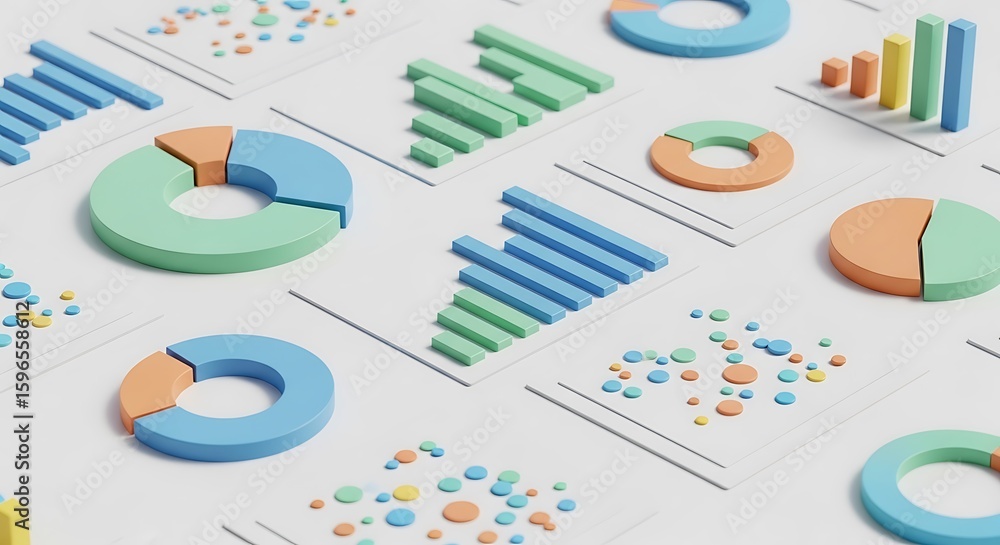 Fototapete colorful 3d rendered charts and graphs on white paper, illustrating data analysis.