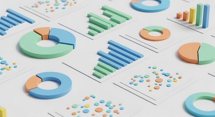 Colorful 3D rendered charts and graphs on white paper, illustrating data analysis.