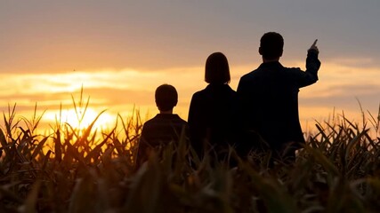 Family enjoying a sunset in a field, bonding during outdoor adventure, parents & child appreciating nature's beauty Sunset family silhouette, creating memories in nature, outdoor family bonding time