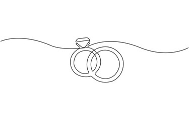 Obraz premium Wedding rings continuous one line drawing. Hand drawn proposal engagement and love marriage concept, Diamond ring outline drawing illustration. one continuous line drawing of wedding ring.