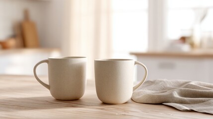 Fototapeta premium Two simple ceramic mugs sit on a wooden surface, bathed in soft light, evoking a sense of calm & minimalism.