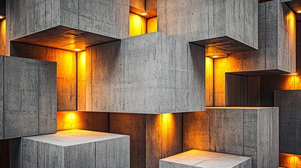 architectural backdrop featuring rectangular wall panels in stacked formation, offset at varied depths. Recessed lights glow between layers, casting warm golden illumination against smooth surfaces. 