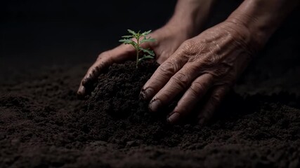 Hands of an elderly person nurturing a small plant in soil, symbolizing growth & care, promoting gardening practices, emphasizing connection between humans & nature, Earth Day themes close-up of