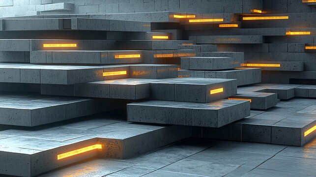 architectural wall composed of interlocking concrete blocks, each level softly backlit with amber lighting. Abstract depth achieved through offset block formation. geometric wall, interlocking 