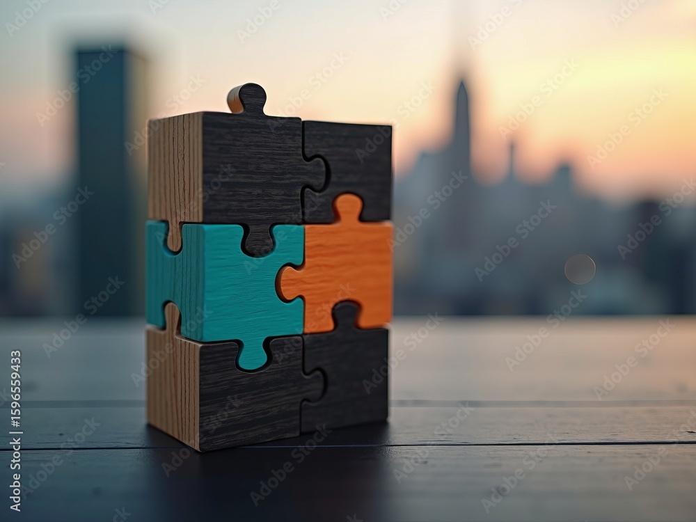 Poster collaboration and teamwork concept with colorful interlocking wooden puzzle pieces on table against 