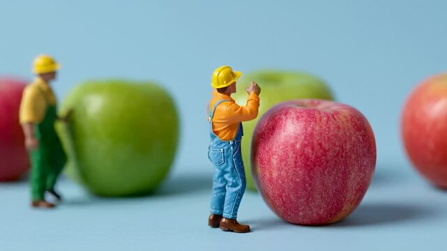 Miniature workers in hard hats appear to inspect oversized apples, symbolizing teamwork & creativity, emphasizing the concept of food production & agriculture tiny figures engage with large fruit,