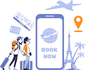 Flight booking app concept. Young couple with luggage using mobile phone to book airline tickets online. Travel planning, tourism, vacation, air travel and trip reservation illustration.