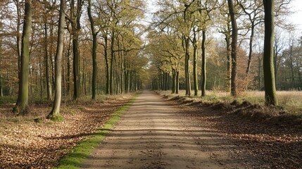Obraz premium Sunlit path through autumnal forest, leaves on ground, tall trees lining a dirt road