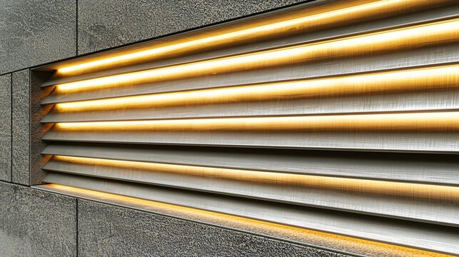 view of a modern architectural wall composed of overlapping thin metallic panels, each backlit by soft amber lighting. Brushed metal texture with smooth gradient glow. metallic panels, overlapping 