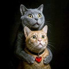 Two cats, one gray and one orange, appear startled with widened eyes, while the gray cat embraces the orange one