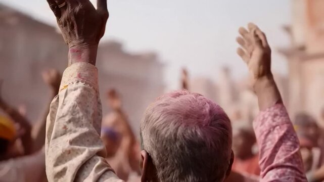 A crowd celebrating Holi with raised hands, sharing joy & cultural unity, festival scene with people covered in powder, diverse gathering during Indian event, capturing essence of spring celebration