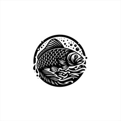 Stylized Black and White Carp Fish Emblem.