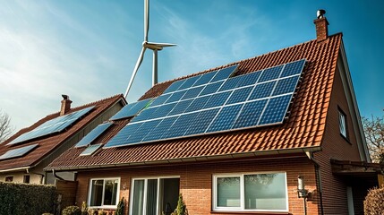Fototapeta premium Sustainable home energy with solar panels and wind turbine