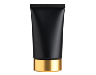 Black paper tube packaging with golden embossed lid and blank label area, isolated on a transparent background