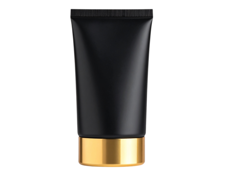 Black paper tube packaging with golden embossed lid and blank label area, isolated on a transparent background