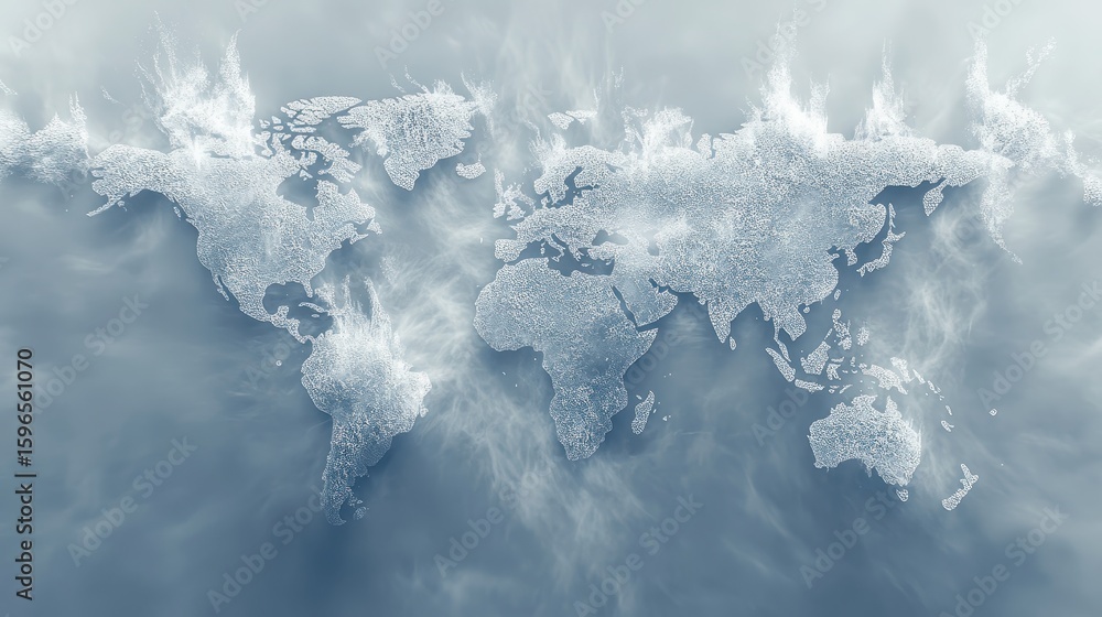 Poster ice world map with abstract snowy background for creative projects