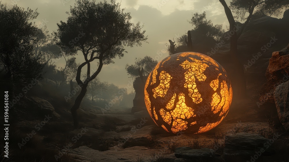 Poster illuminated abstract sphere in mystical forest setting at dusk
