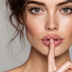 A Beautiful Woman with a finger on her lip in a gesture of silence, looking calm and serene