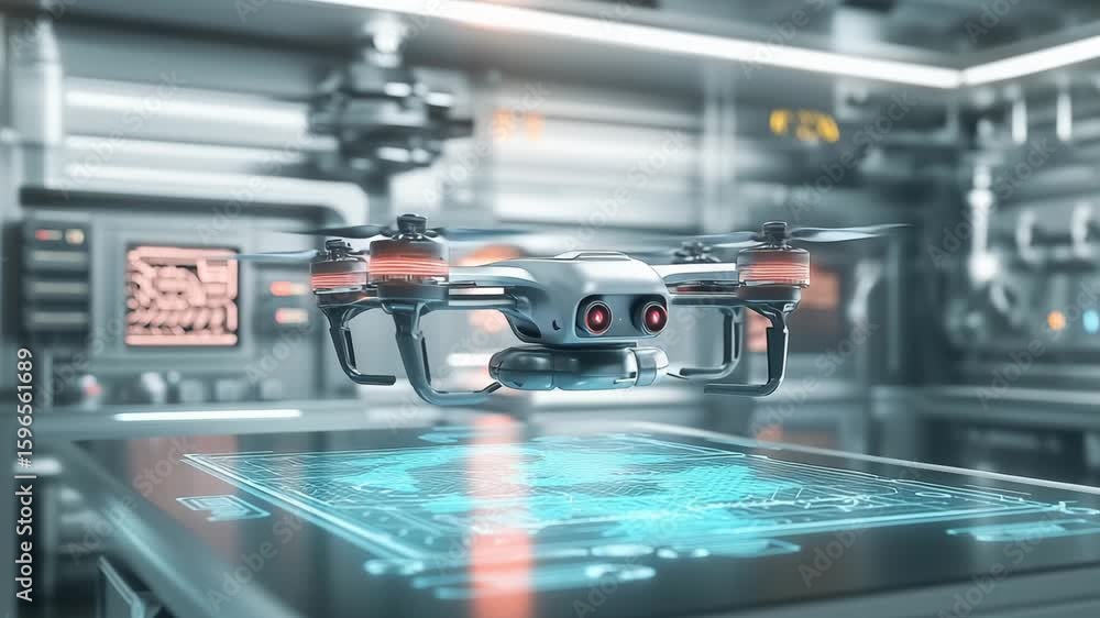 Poster a drone hovers smoothly above a holographic display within a high tech control room featuring advanc