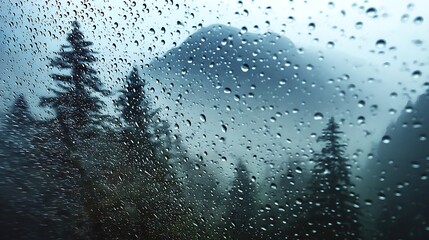 Raindrops on Glass Mountain and Evergreen Trees Viewed Through Wet Car Window on Stormy Day