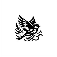 Fototapeta premium Stylized Black Bird in Flight with Floral Accents.