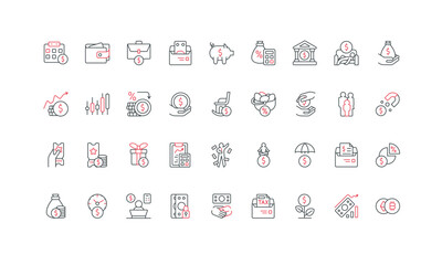 Finance income, pension and deposit, financial margin, expenses and budget line icon set. Passive income and cryptocurrency, millionaire wealth thin black and red outline symbols vector illustration