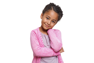 Smiling young girl in a pink sweater, perfect for childhood, happiness children isolated on white background