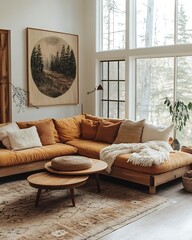 Mid-century modern living room with natural light – cozy mid-century modern decor and wooden furniture in a stylish mid-century modern interior