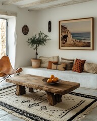 Mid-century modern living room with natural light – cozy mid-century modern decor and wooden furniture in a stylish mid-century modern interior