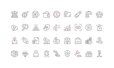 Finance, bank payment and economic growth, currency exchange, fund line icon set. Financial investment, capital protection, auction, accounting thin black and red outline symbols vector illustration