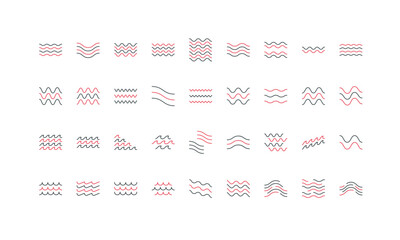 River frames of different forms, flowing curves texture thin black and red outline vector illustration. Wave pattern, geometric tiles, curvy lines of water stream, ocean and sea surf icon set.