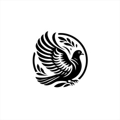 Stylized Black Dove with Wings Spread in Circle.
