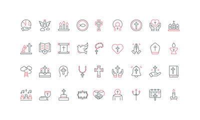 Christian religion, religious community and holidays celebration, hope and belief in God line icon set. Bible and cross, altar and rosary, lent thin black and red outline symbols vector illustration