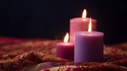 Three candles glowing softly on an elegant, patterned cloth, creating a serene ambiance, for meditation, spa settings, or romantic dinners purple & pink candles illuminate dark surroundings, ideal - Powered by Adobe